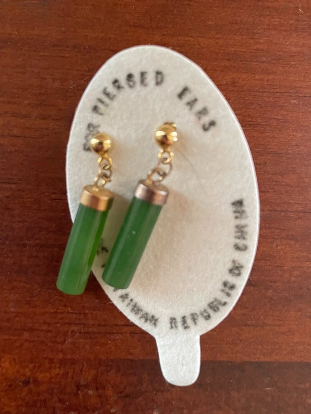 Green Cylinder Drop Dangle Earrings Gold Tone Minimalist